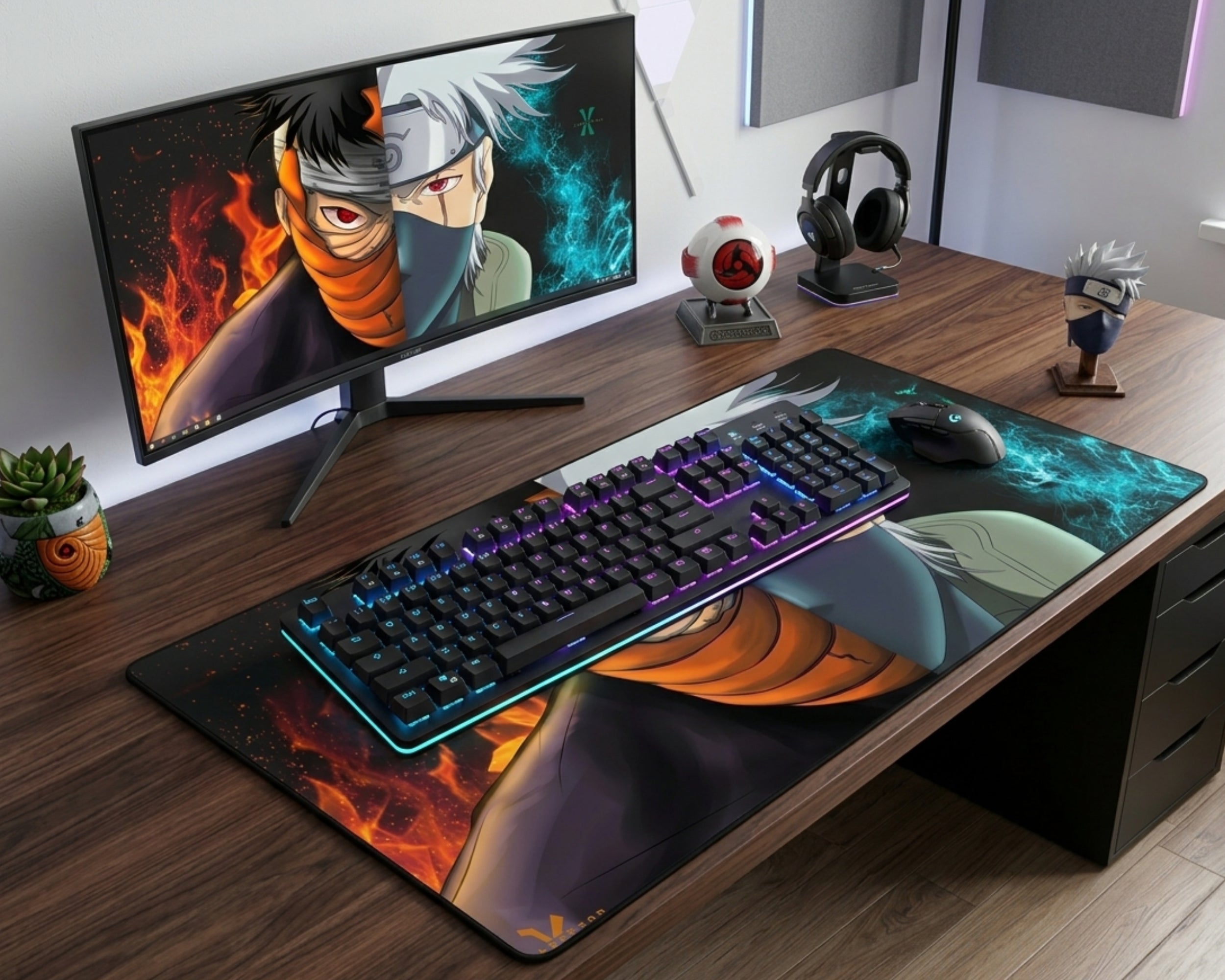 Clean Naruto anime desk setup with ultrawide monitor, RGB mechanical keyboard, large character desk mat, headset, plant, and display figures.
