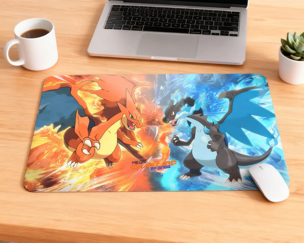 pokemon charizard gaming mouse pad on wooden desk with laptop coffee mug and plant large extended mat