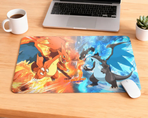 pokemon charizard gaming mouse pad on wooden desk with laptop coffee mug and plant large extended mat