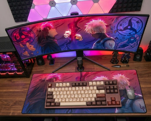 Purple Naruto anime gaming setup with large desk mat, mechanical keyboard, mouse, RGB PC tower, monitor, LED lighting, and anime figures.