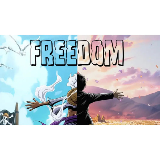 Freedom anime artwork split design featuring pirate sky and sunset battlefield scene, inspired by One Piece and Attack on Titan aesthetic.