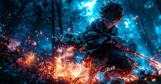 tanjiro kamado water breathing sword attack glowing blue and red flames anime scene demon slayer style with zenitsu thunder breathing lightning energy aesthetic