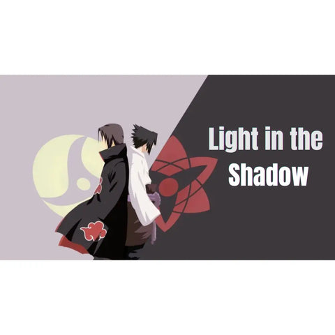 Minimalist anime artwork showing two ninja characters back-to-back with yin-yang and Sharingan symbols and ‘Light in the Shadow’ text