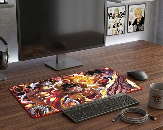 Modern workspace with extended anime mouse pad, keyboard, mouse, headphones, and neatly arranged accessories.