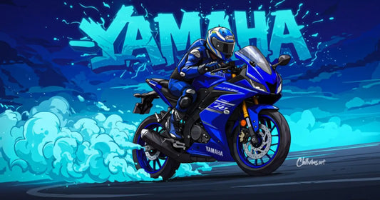 yamaha sport bike illustration blue racing motorcycle drifting smoke graphic bold street style background