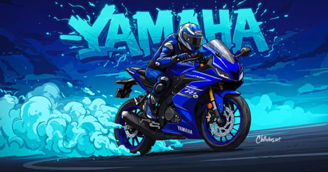 yamaha sport bike illustration blue racing motorcycle drifting smoke graphic bold street style background