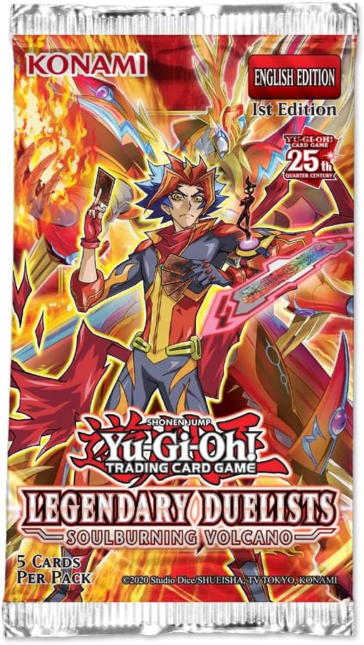 PokeTCG Yu-Gi-Oh Legendary Duelists Soulburning Volcano booster pack featuring Soulburner artwork.
