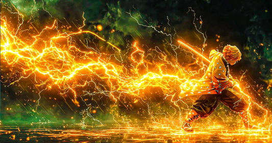zenitsu agatsuma thunder breathing lightning attack anime scene glowing yellow electricity sword action demon slayer inspired art