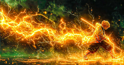 zenitsu agatsuma thunder breathing lightning attack anime scene glowing yellow electricity sword action demon slayer inspired art