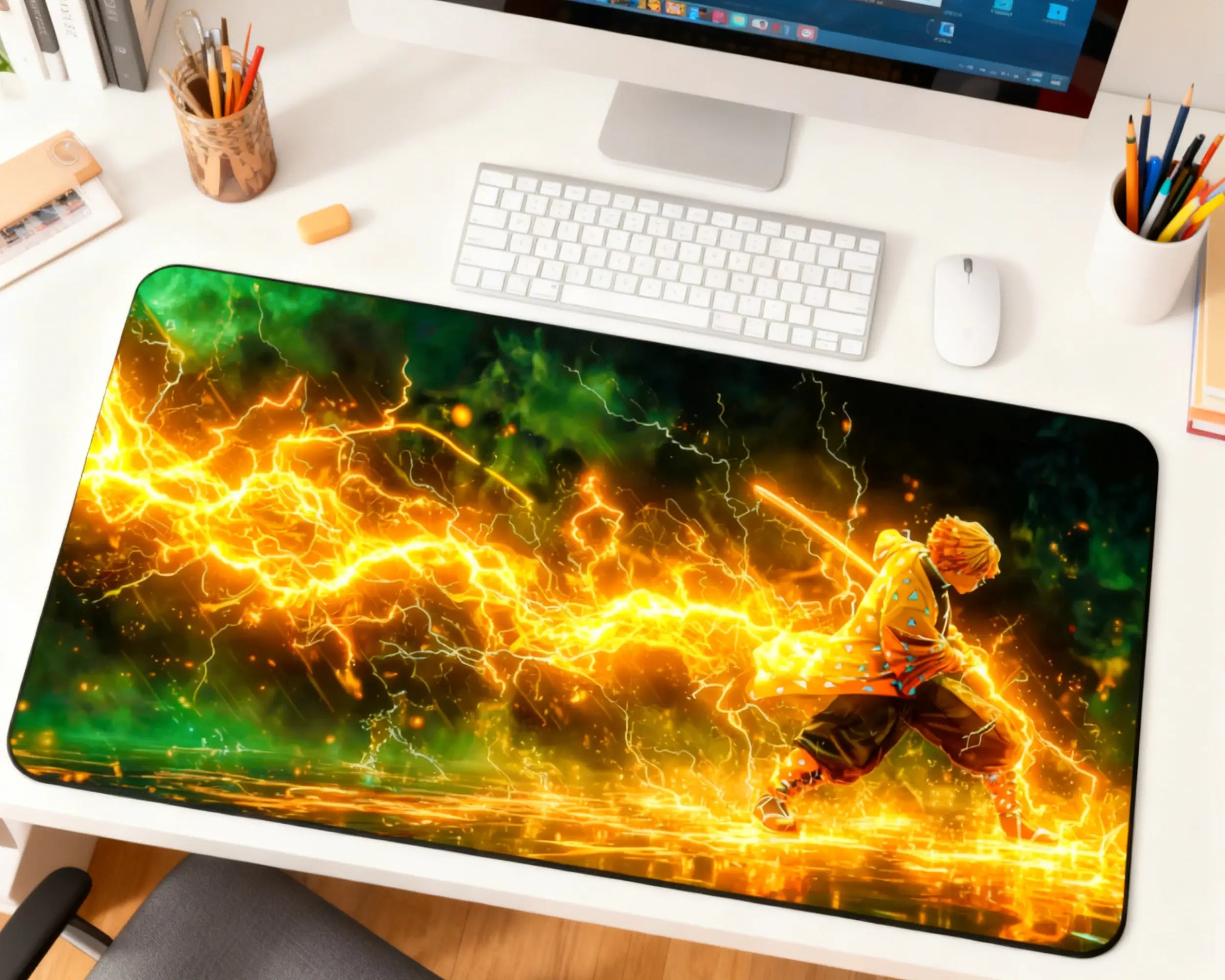 zenitsu thunder breathing anime gaming mouse pad demon slayer desk mat with lightning design on white desk setup